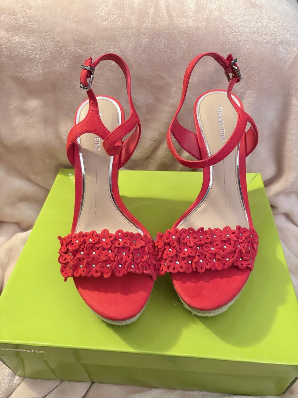 Gianni Bini Red Floral Appliqué Wedge Sandals